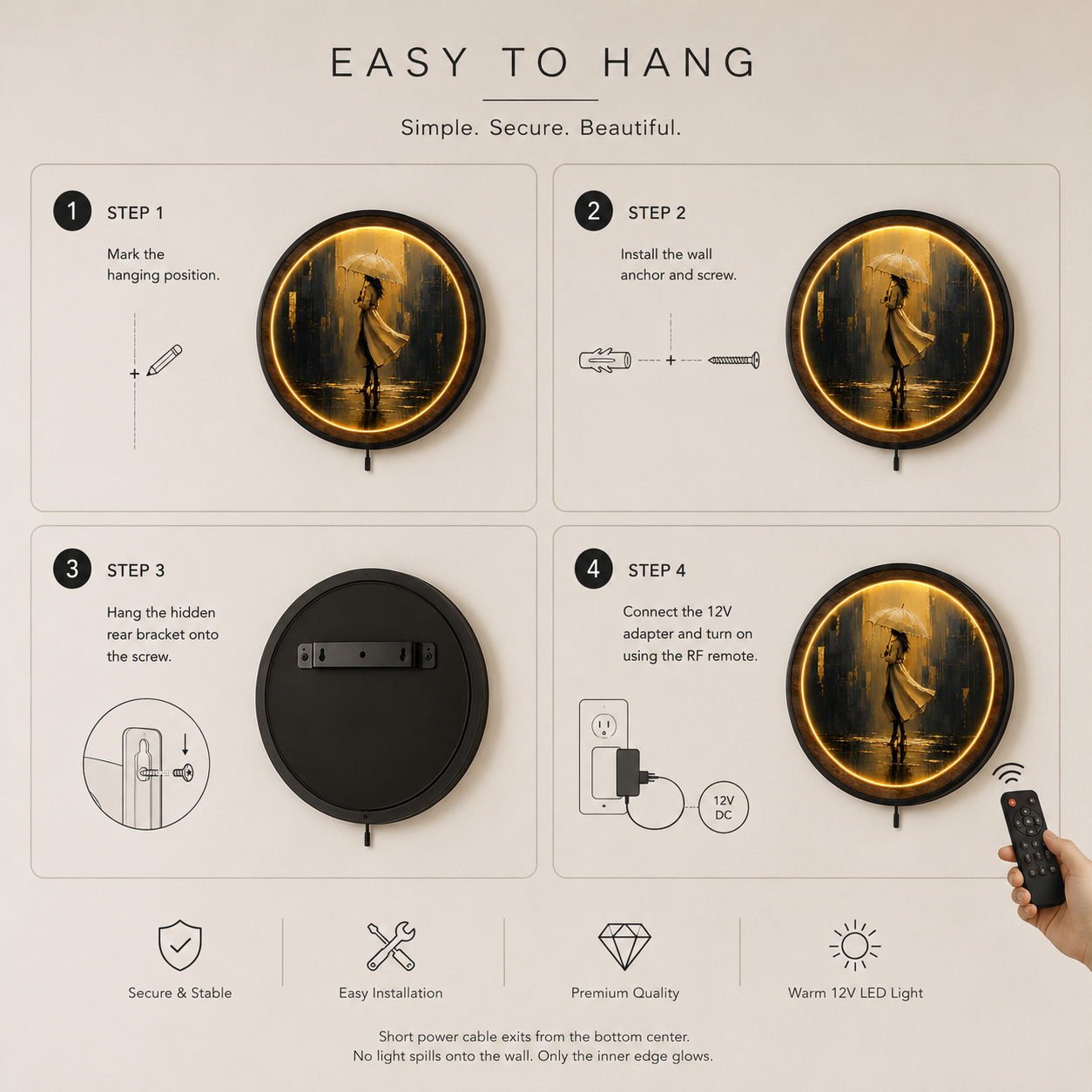 Golden Rain Elegance LED Wall Art | Round Illuminated Woman with Umbrella Wall Decor | Warm Ambient Light
