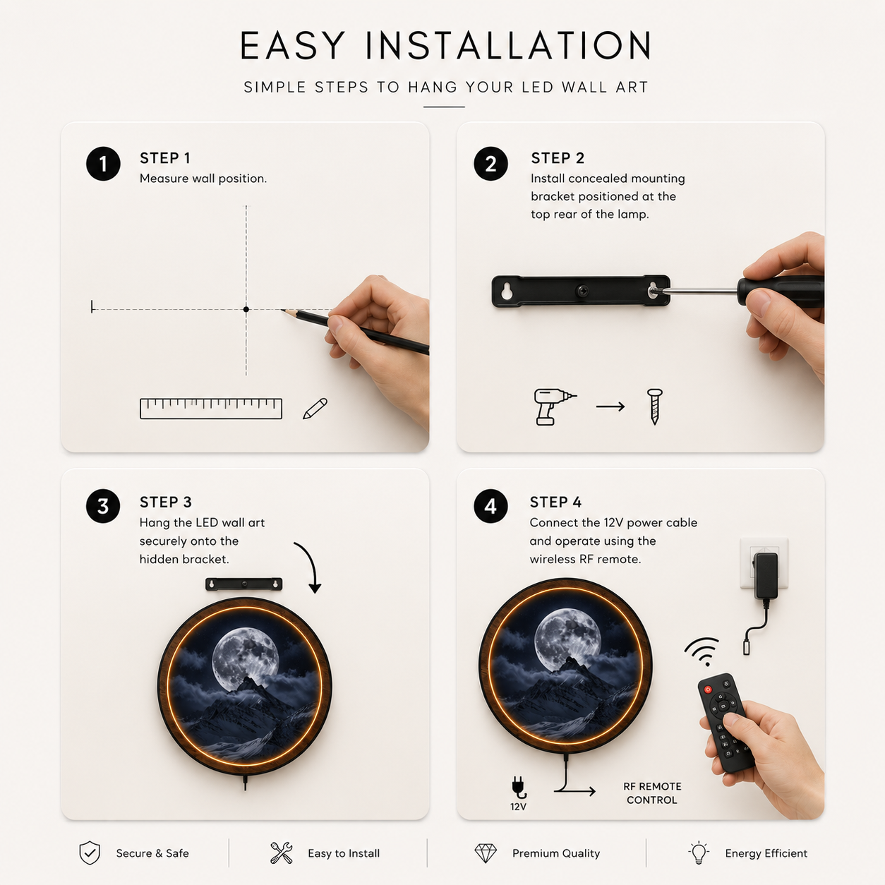 Moon & Snow Mountain Night Sky Print -Circular LED Wall Decor Light - Remote Control