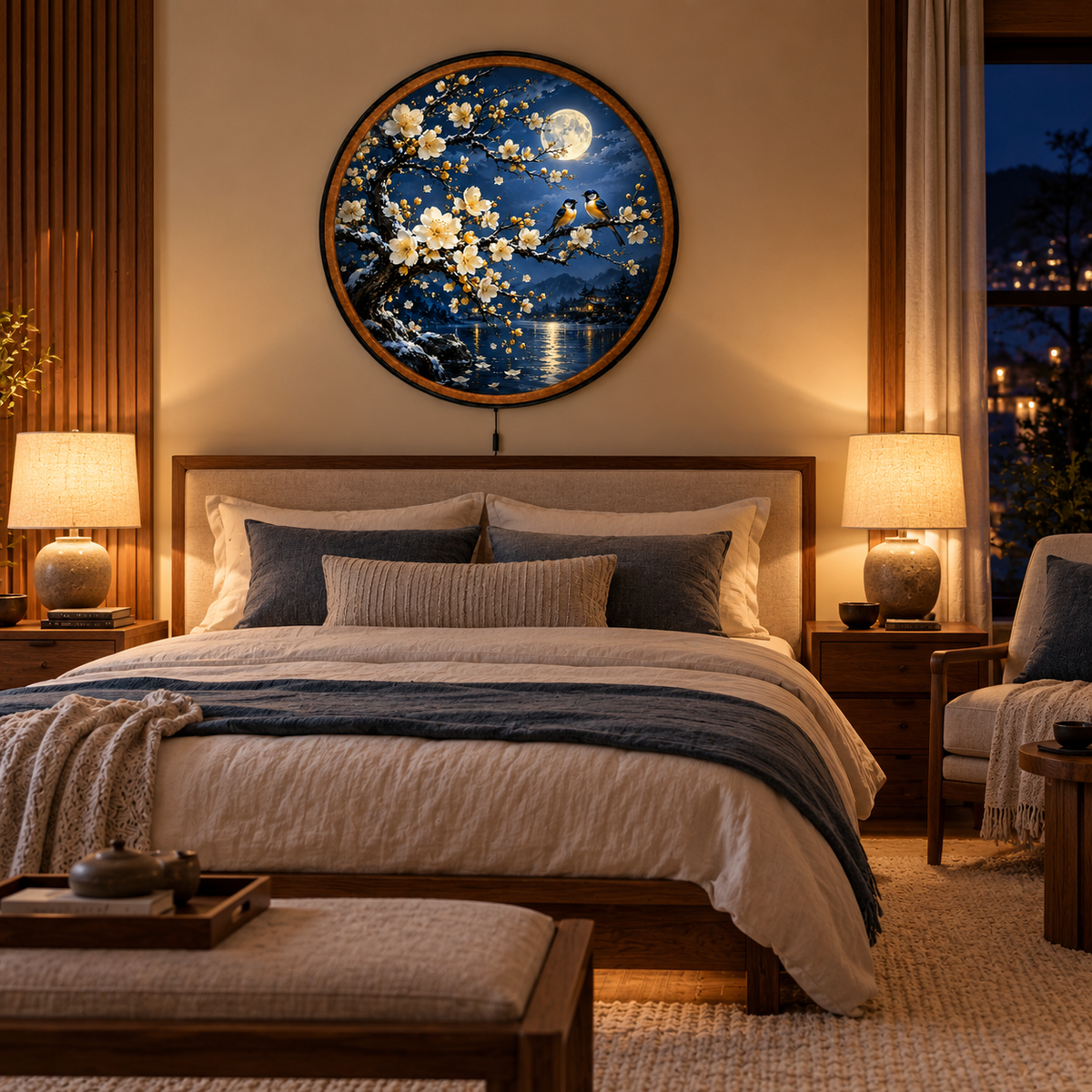 Moonlit Blossom & Lovebirds – Handcrafted Round LED Wall Art