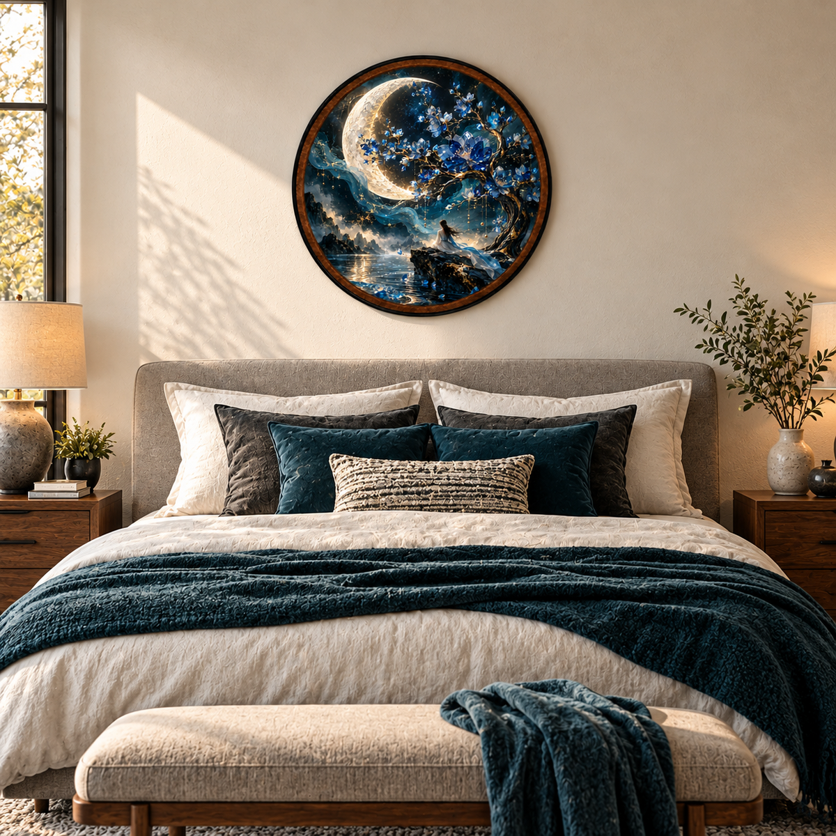 Moonlit Sapphire Blossom – Handcrafted LED Wall Art | Blue Floral Moon Decor