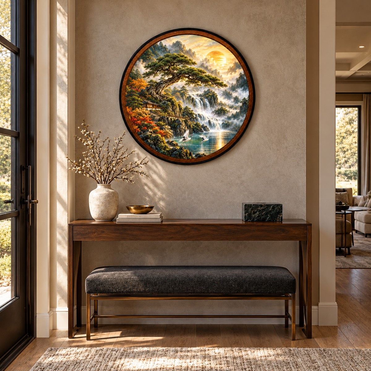 Ancient Pine Tree & Waterfall Landscape – Handcrafted LED Wall Art