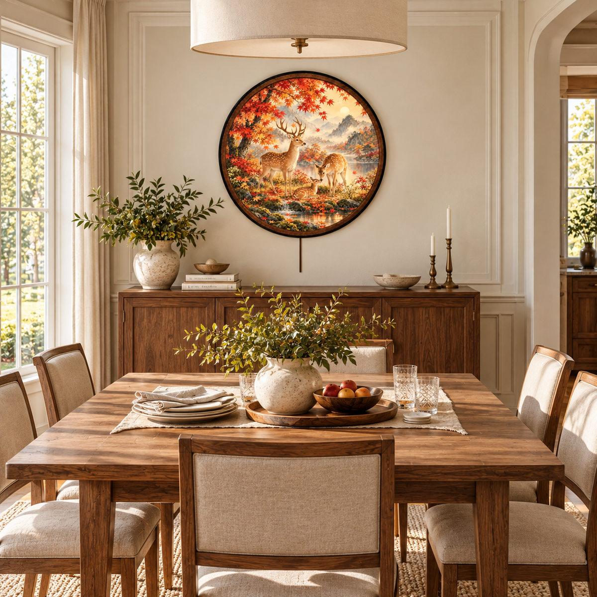 Deer Family & Japanese Maple Forest – Handcrafted LED Wall Art