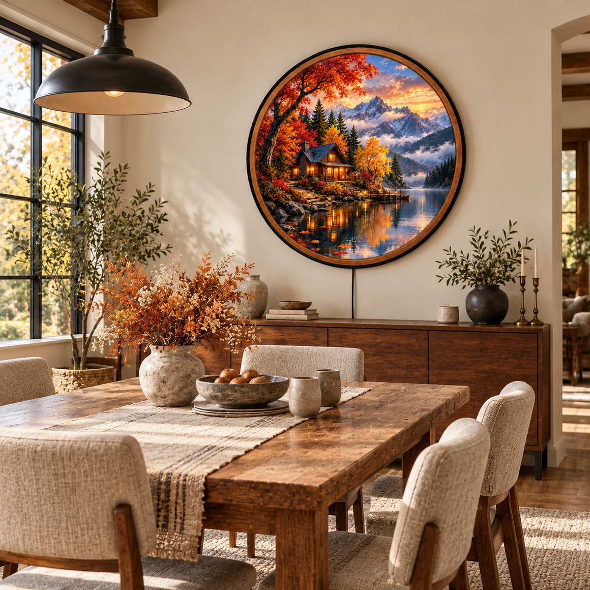 Autumn Lakeside Retreat – Handcrafted LED Wall Art | Cozy Mountain Cabin & Fall Landscape Decor