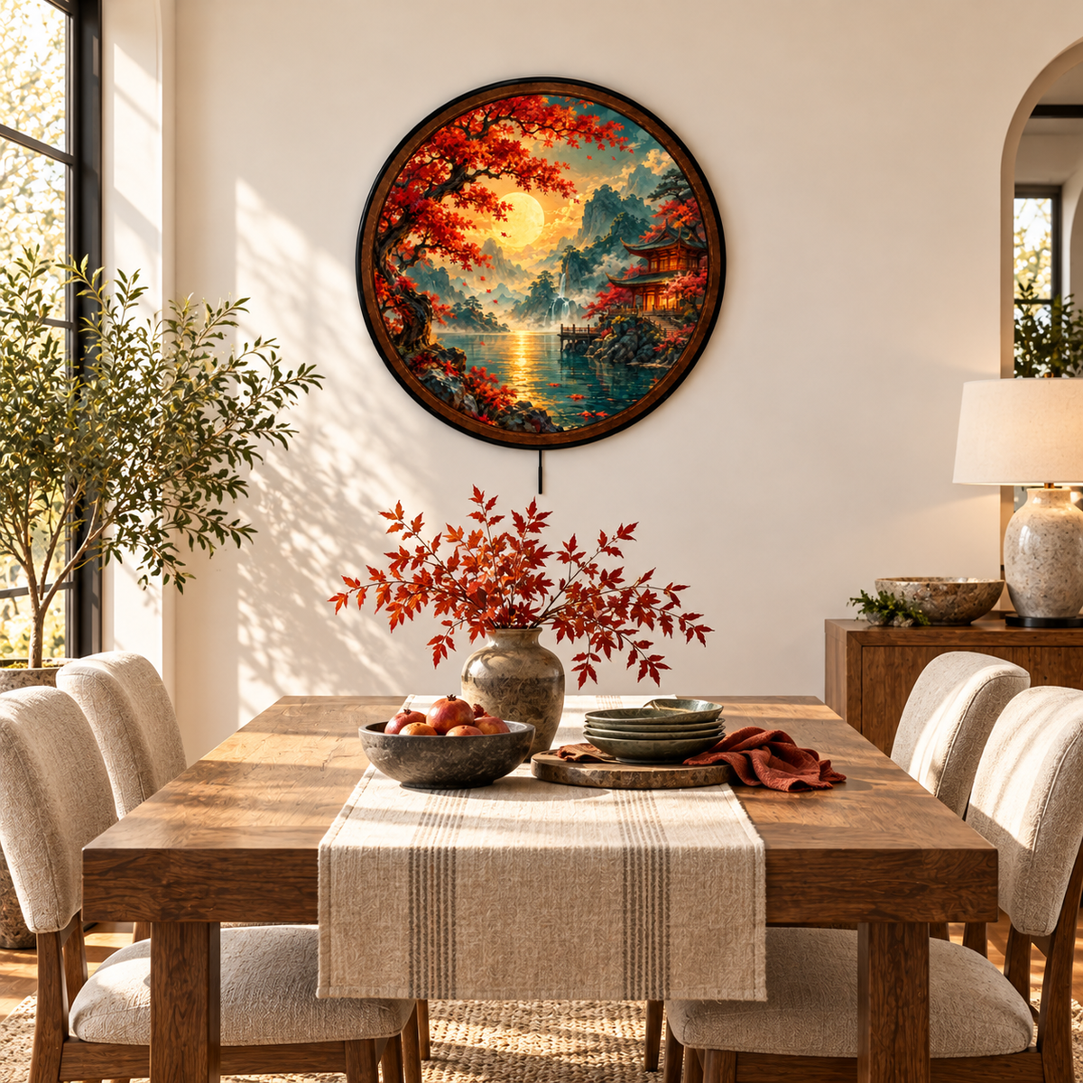 Red Maple Tree, Golden Moon & Asian Temple Landscape – Handcrafted LED Wall Art