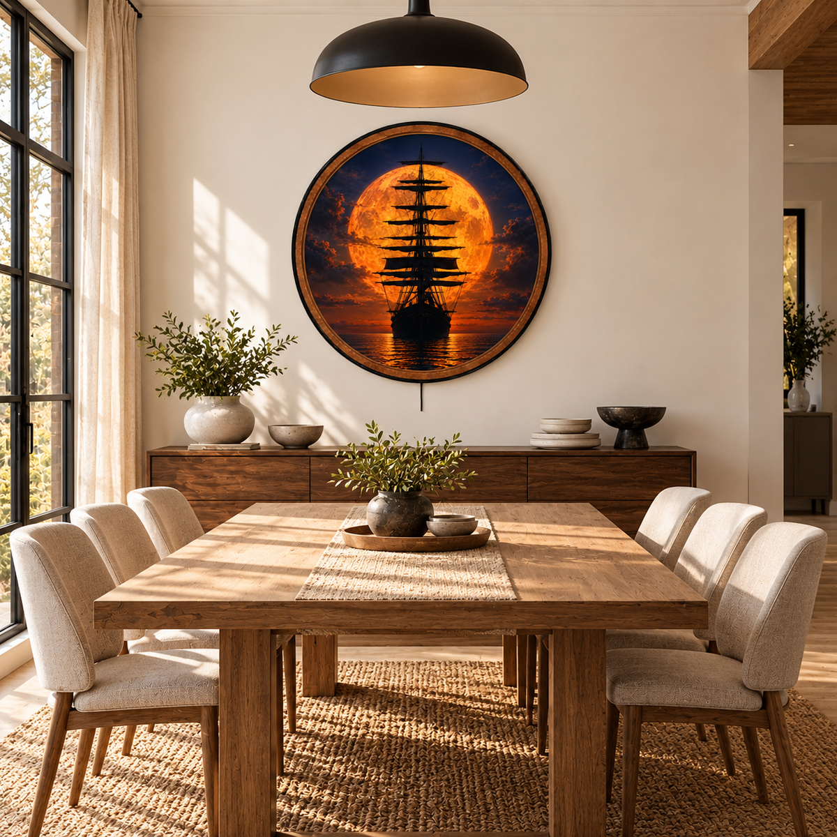 Crimson Moon Voyage – Handcrafted Round LED Wall Art