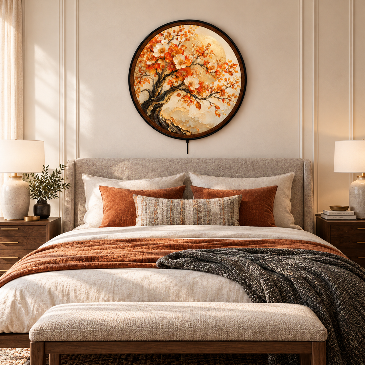 Orange & Ivory Floral Tree with Gold Moon – Handcrafted LED Wall Art