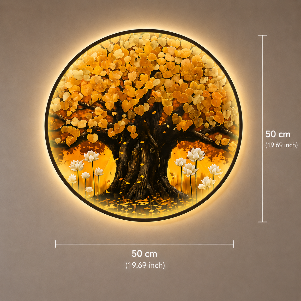 Golden Tree of Life LED Wall Art - Round Wooden Wall Decor with Lotus Flowers & Backlit LED