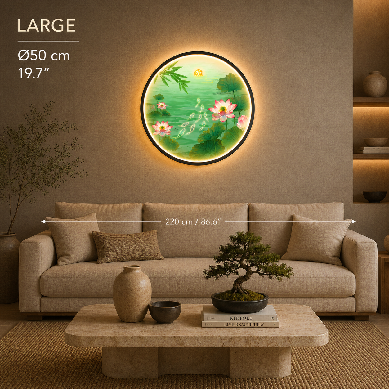 Pink Lotus Pond LED Wall Art - Koi Fish & Moon Round Wall Decor with Backlight