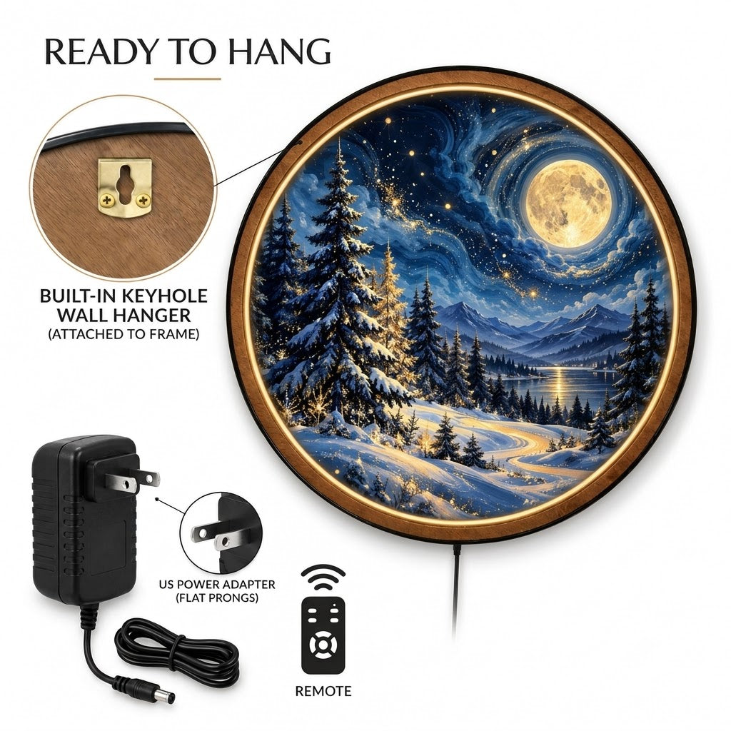 Handcrafted Winter Moon LED Wall Art – Magical Snowy Forest & Golden Full Moon, Enchanted Winter Landscape Decor