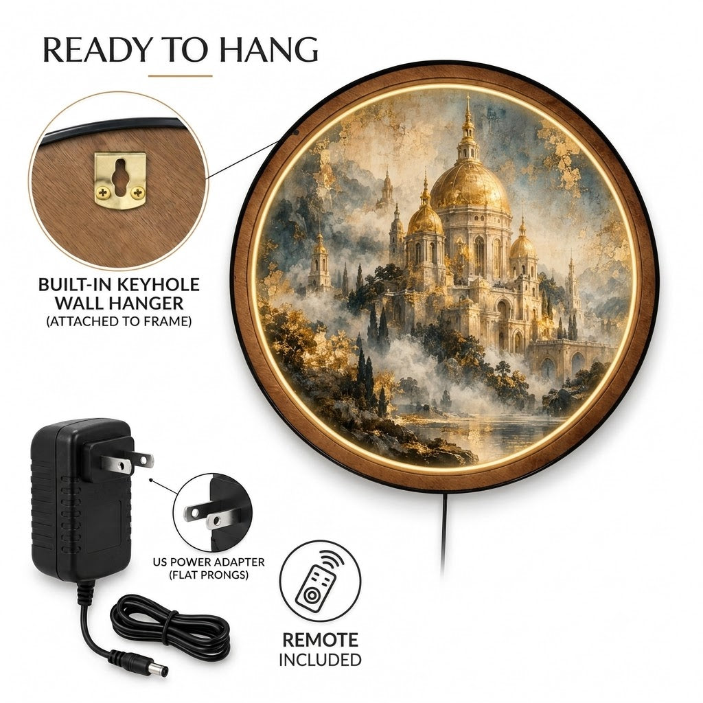 Golden Palace of Serenity – Handcrafted Round LED Wall Art