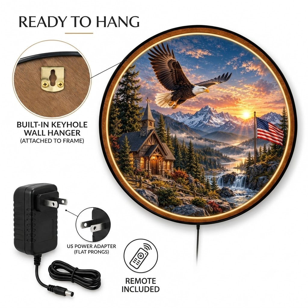 Wings of Freedom – Handcrafted LED Wall Art | Bald Eagle, American Flag & Mountain Sunset