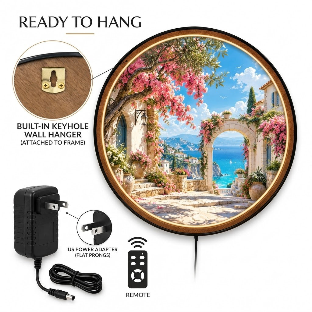 Mediterranean Blossom Escape – Handcrafted Round LED Wall Art
