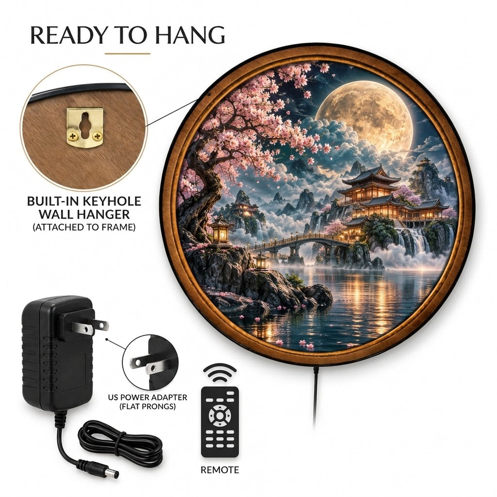 Handcrafted Moonlit Cherry Blossom LED Wall Art – Japanese Pagoda, Golden Full Moon & Fantasy
