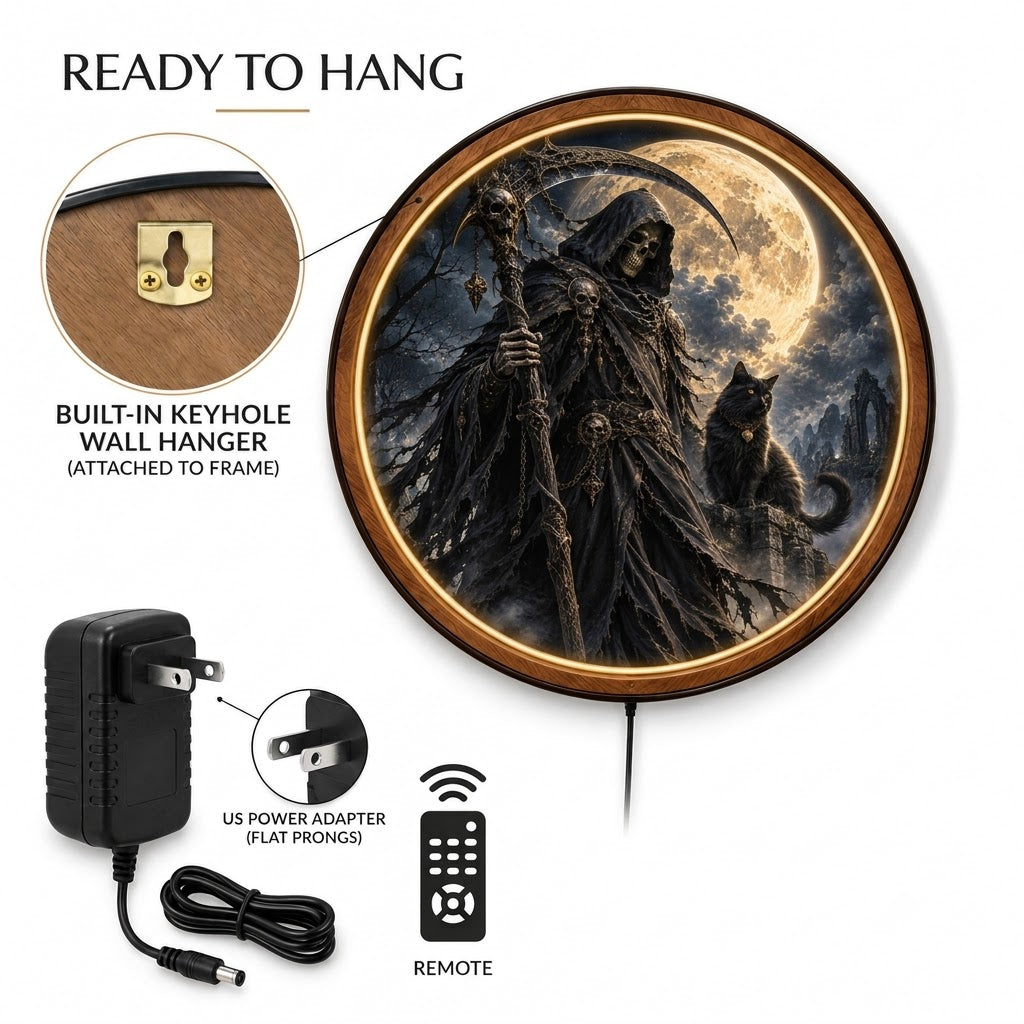 Handcrafted Grim Reaper LED Wall Art – Gothic Skull & Black Cat Under Full Moon, Dark Fantasy Halloween