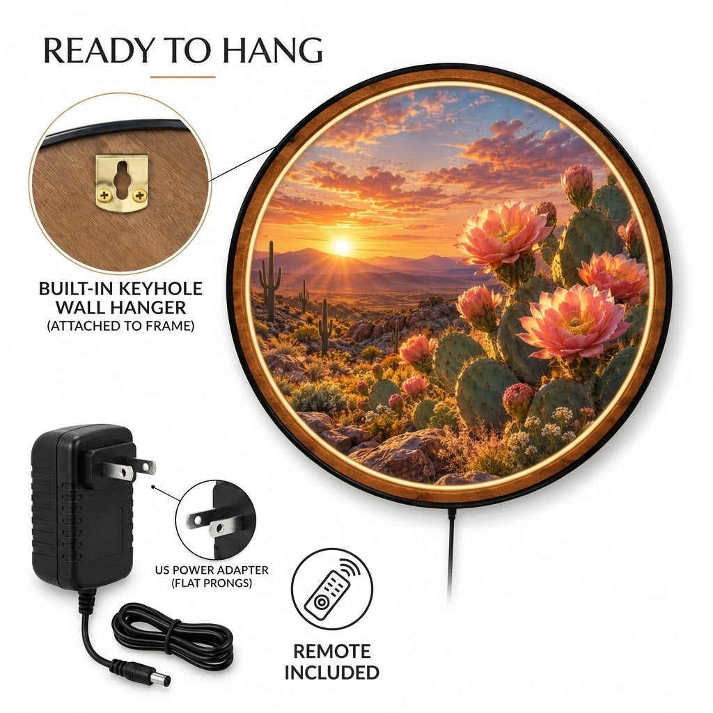 Desert Bloom – Handcrafted Round LED Wall Art