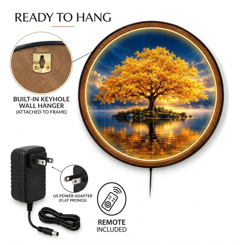 Golden Everlight Tree – Handcrafted LED Wall Art | Glowing Golden Tree & Peaceful Lake
