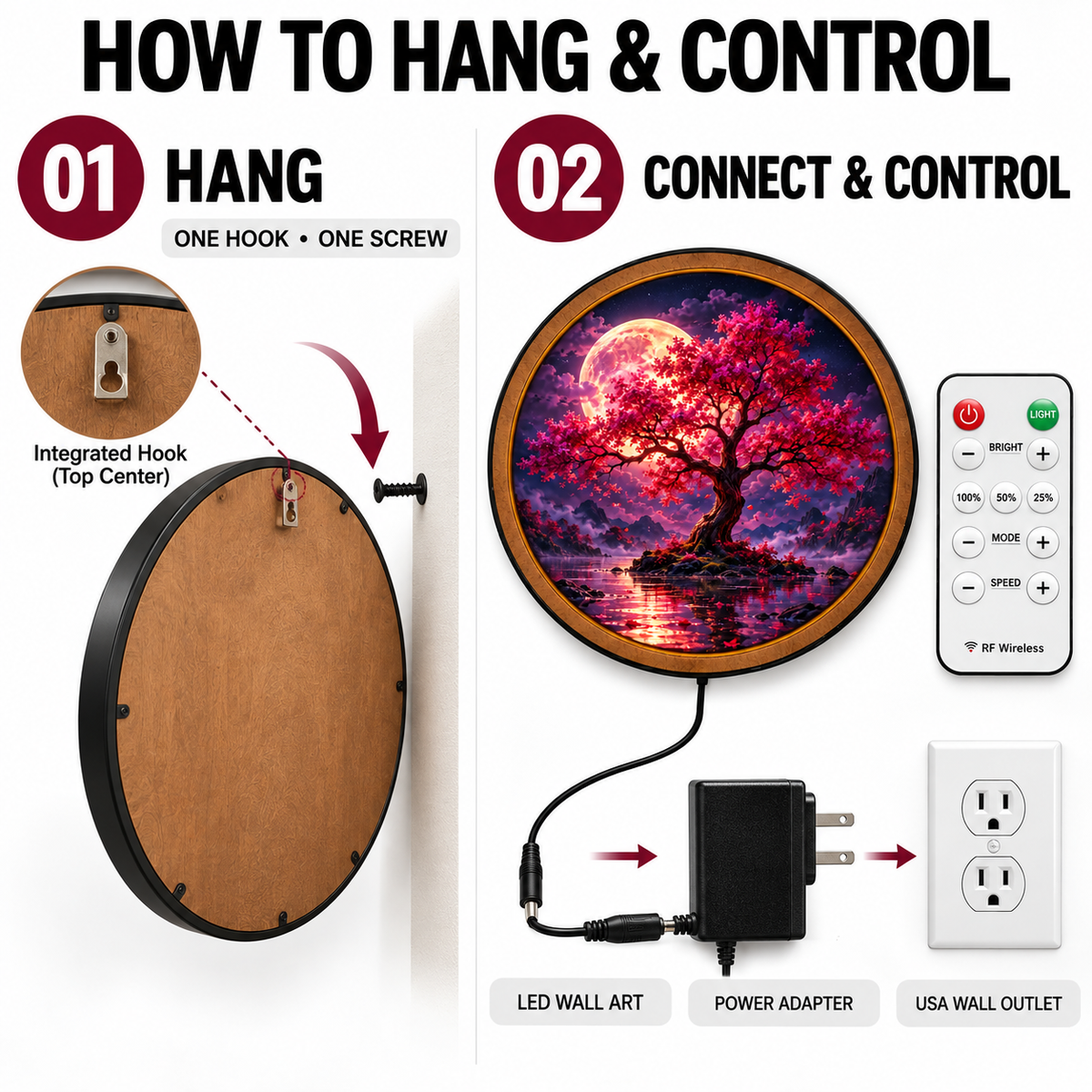 Crimson Moon Blossom Tree Circular LED Wall Art