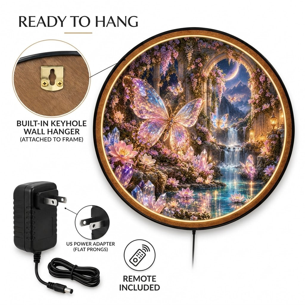 Enchanted Butterfly Garden – Handcrafted Round LED Wall Art