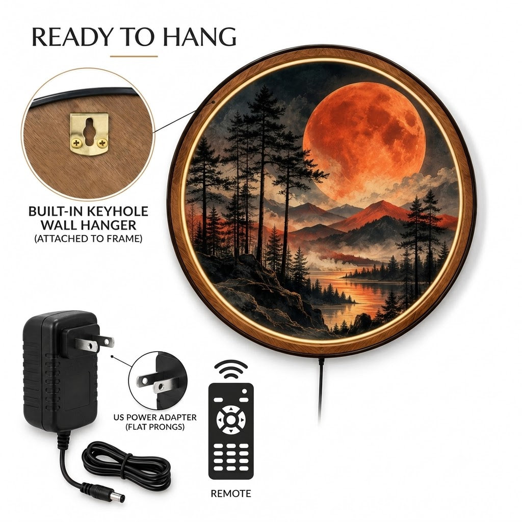 Handcrafted Blood Moon LED Wall Art – Red Moon Mountain Landscape, Dark Forest Celestial