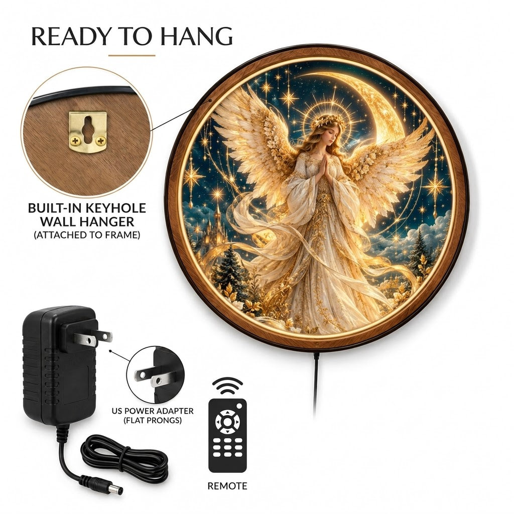 Celestial Guardian Angel – Handcrafted Round LED Wall Art