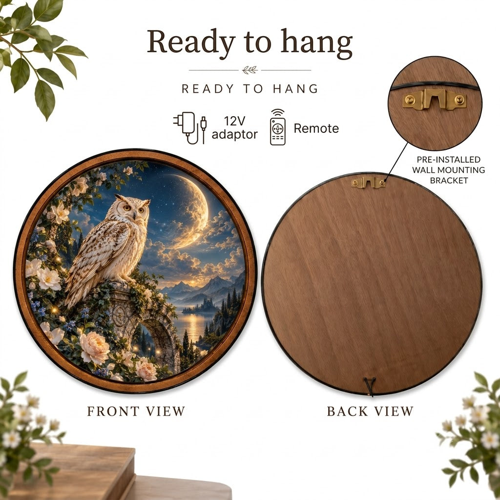 Handcrafted Moonlit White Owl Fantasy LED Wall Art