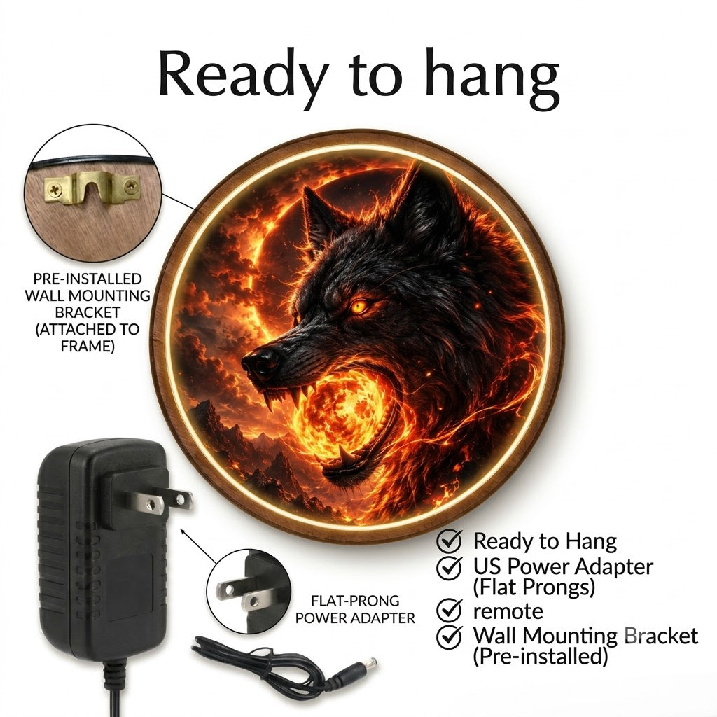 Handcrafted Inferno Wolf Eclipse LED Wall Art