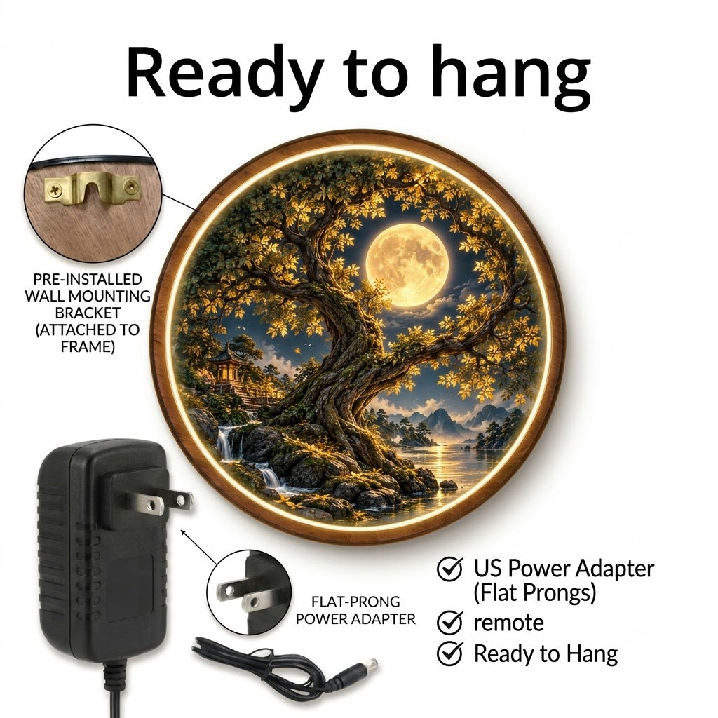 Handcrafted Golden Moon Ancient Tree LED Wall Art