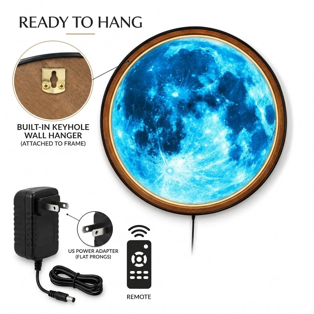 Electric Blue Moon – Handcrafted Round LED Wall Art