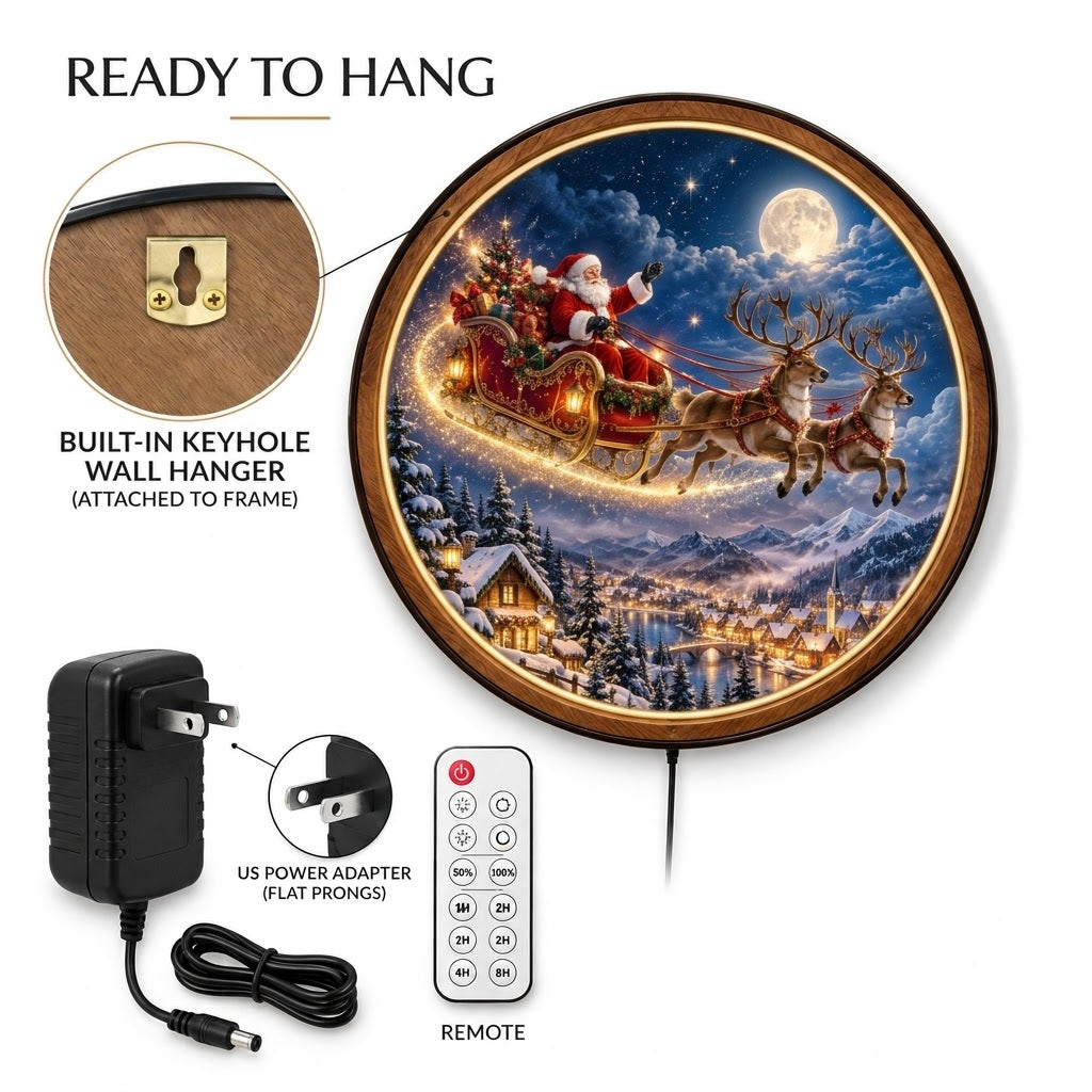Handcrafted Santa Claus LED Wall Art – Flying Reindeer Sleigh & Magical Christmas Eve