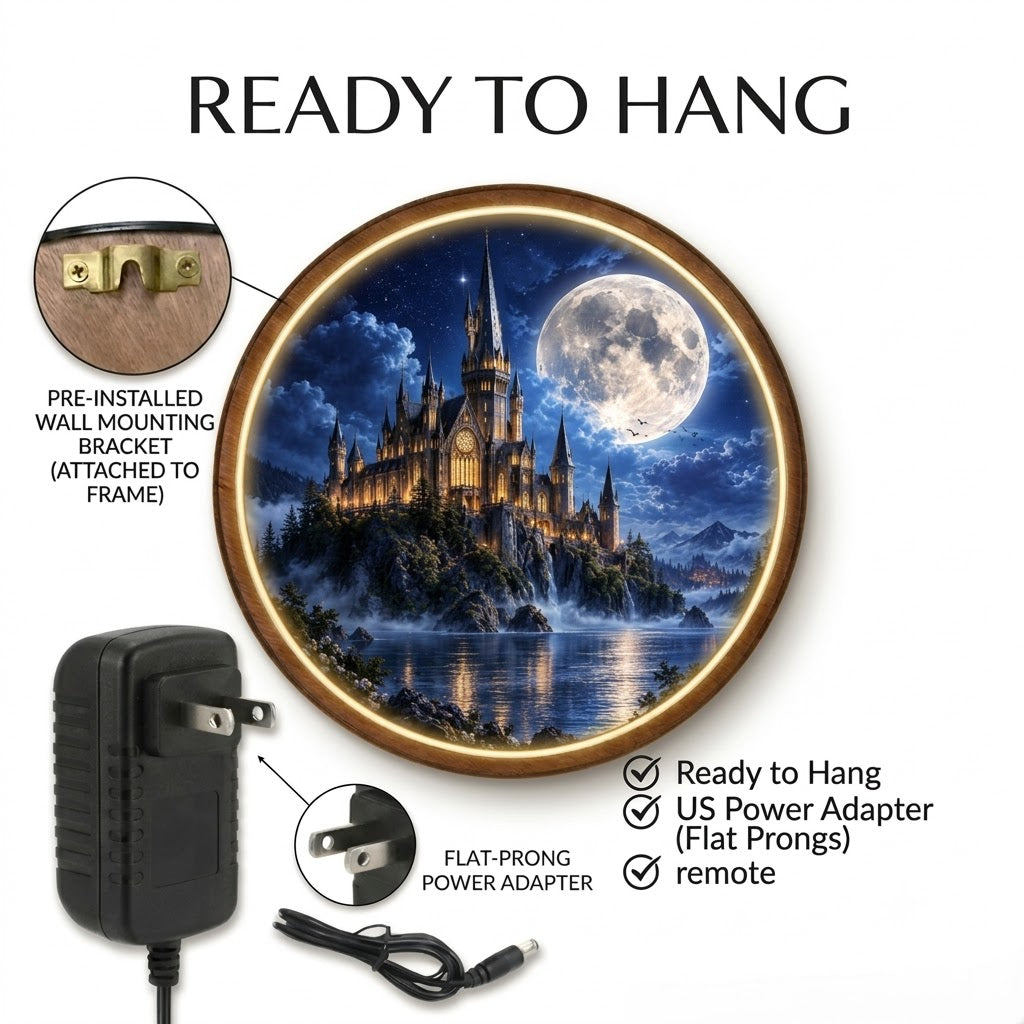 Handcrafted Moonlit Castle LED Wall Art – Gothic Fantasy Castle & Full Moon Lighted