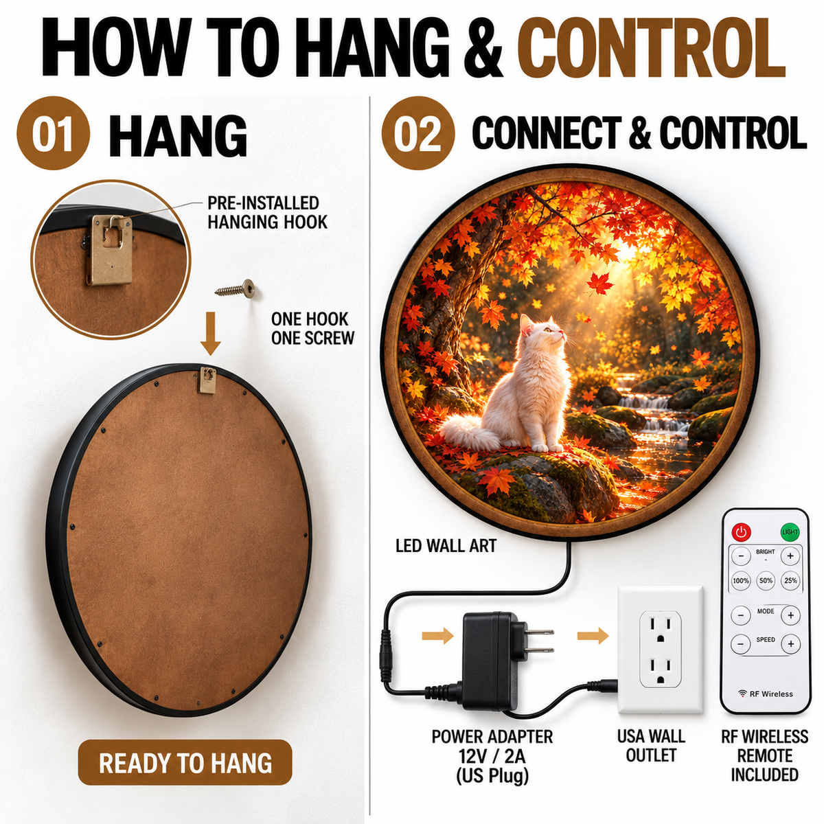 White Cat Autumn Forest Circular LED Wall Art