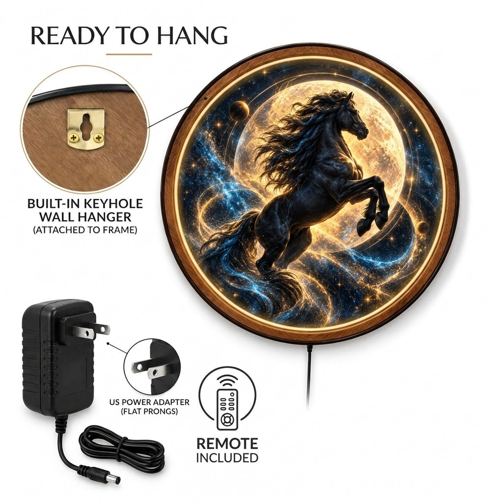 Midnight Stallion – Handcrafted LED Wall Art | Majestic Black Horse & Golden Moon