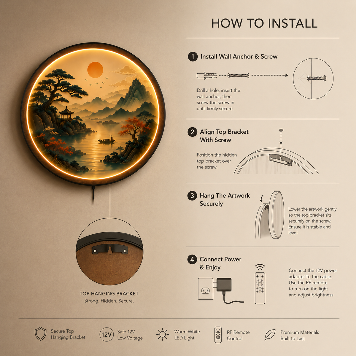 Eastern Serenity LED Wall Art | Tranquil Mountain & Lake Landscape Round Illuminated Wall Decor | Warm LED Ambient Light
