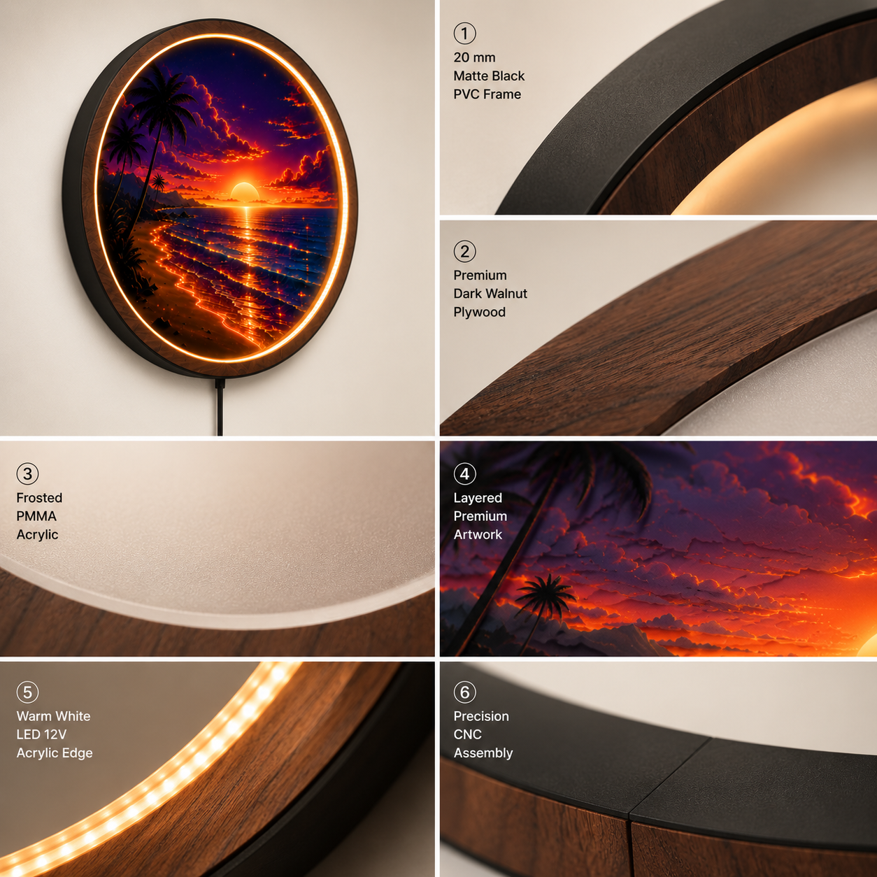Golden Sunset Round LED Wall Art | Tropical Sunset Acrylic Wall Decor with Wooden Frame