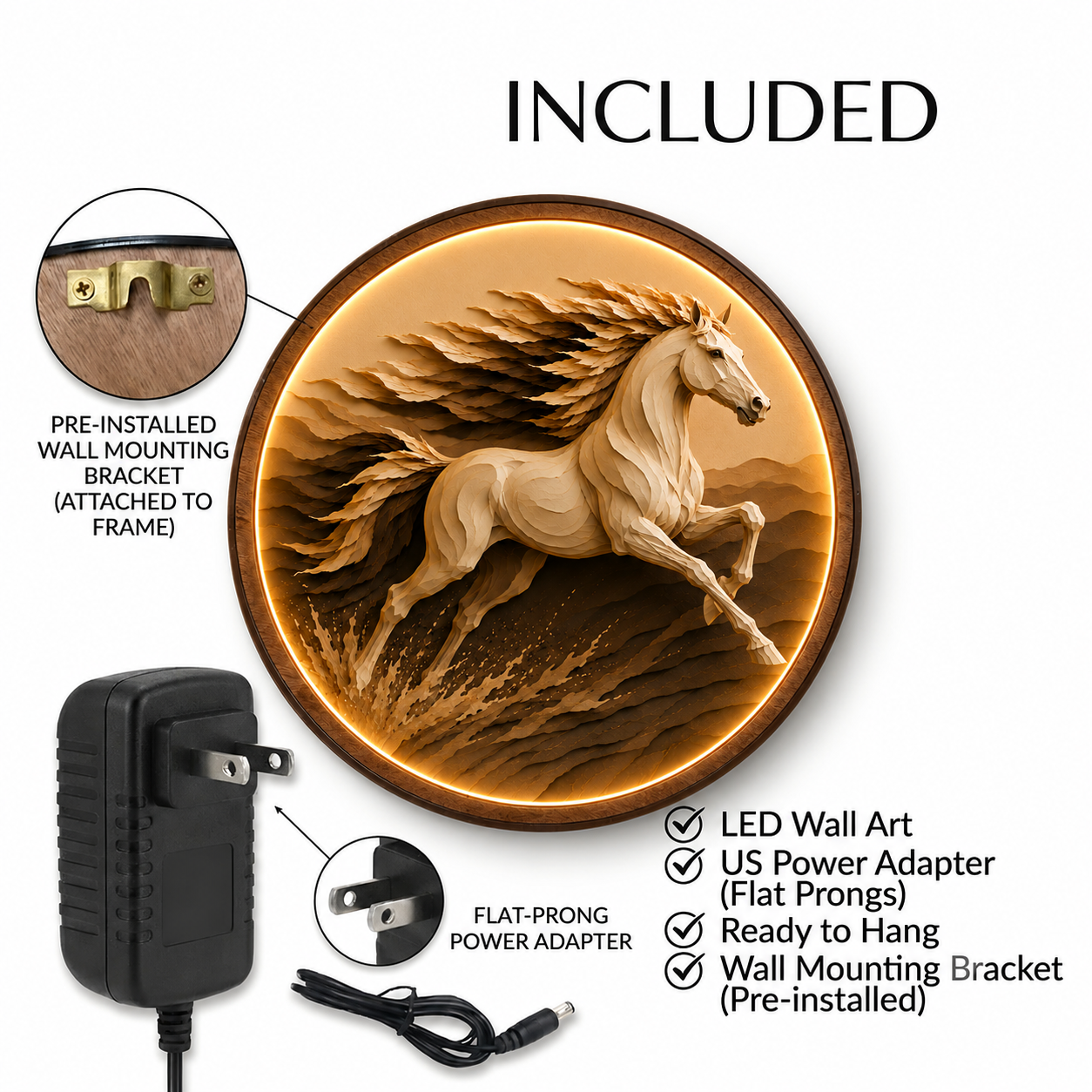 Majestic Running Horse LED Wall Art – Round Illuminated Wall Decor