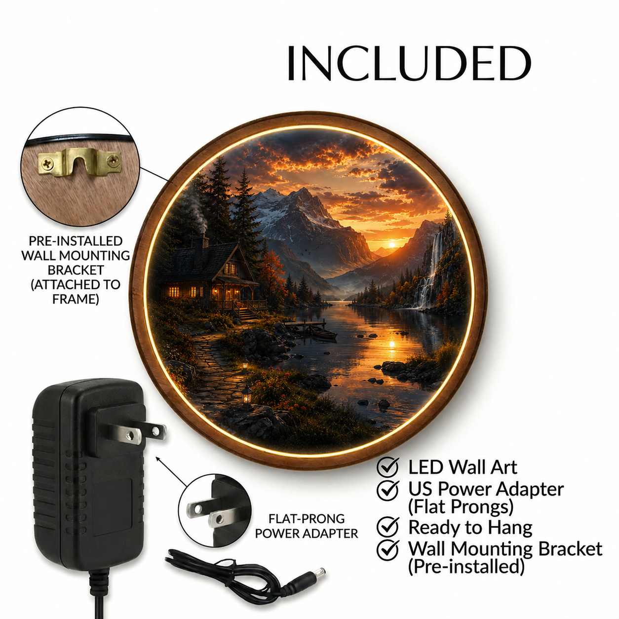 Mountain Cabin LED Wall Art – Sunset Lake Landscape Wall Decor