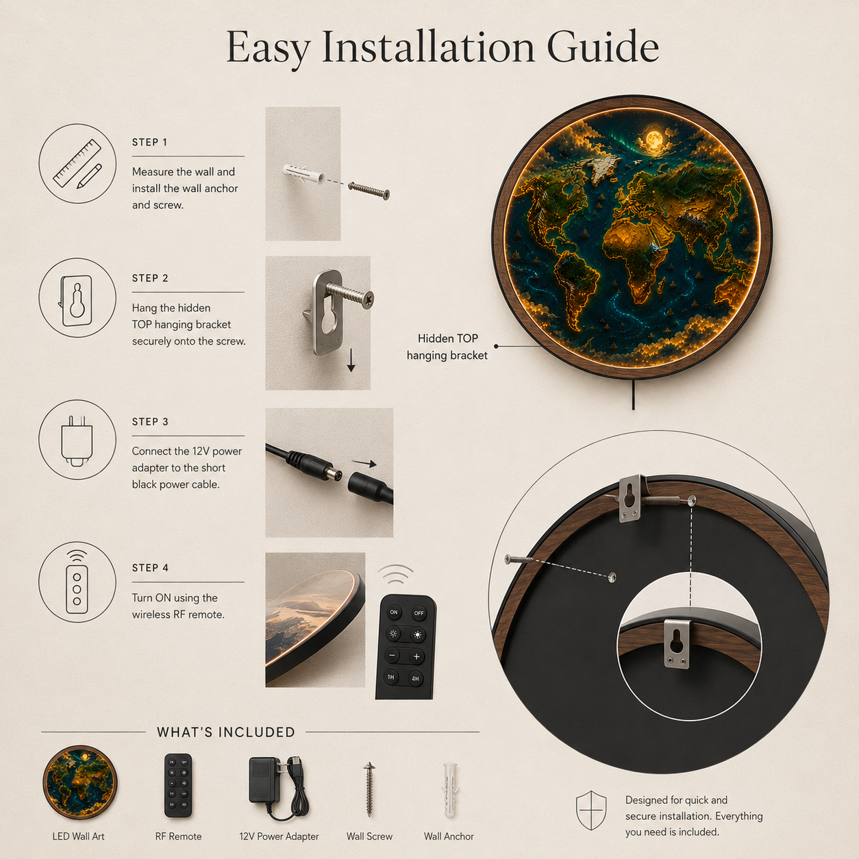 Illuminated World Map LED Wall Art | Round Acrylic Wall Light | Travel-Inspired Home Decor