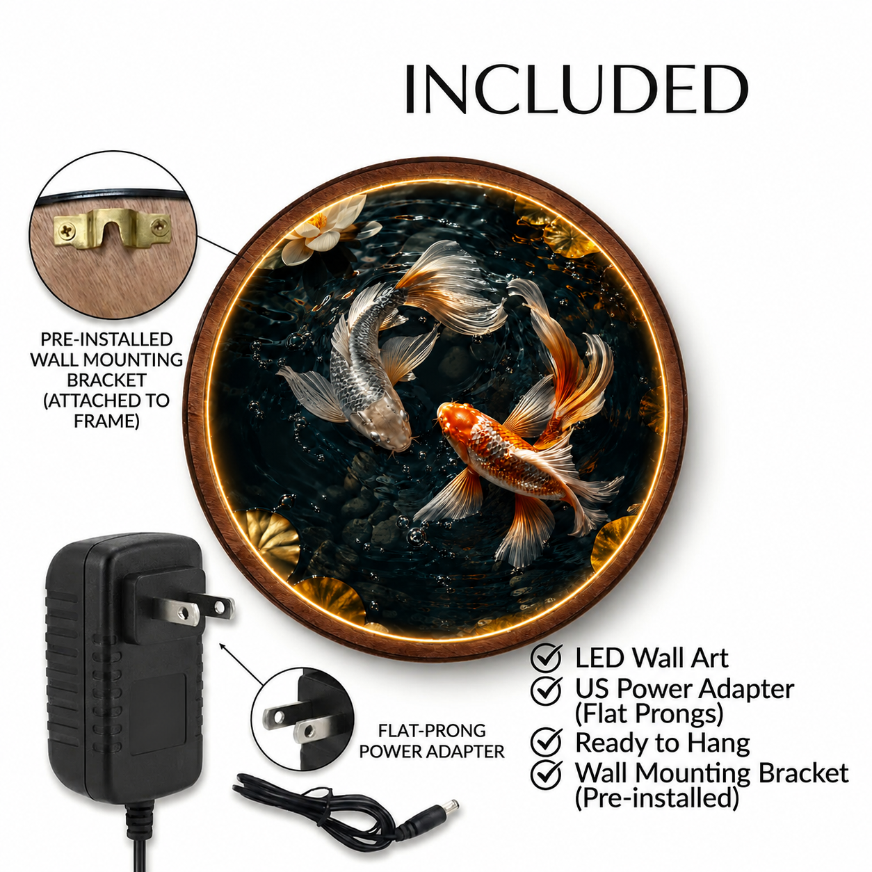 Yin Yang Koi Fish LED Wall Art | Round Illuminated Zen Wall Decor with Remote | Warm Ambient Light