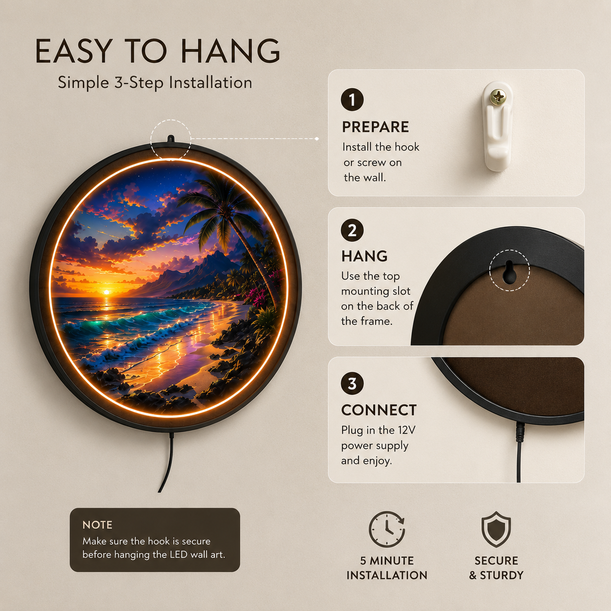 Tropical Sunset LED Wall Art | Circular Palm Tree Beach Sign, Ocean Wave Neon Decor