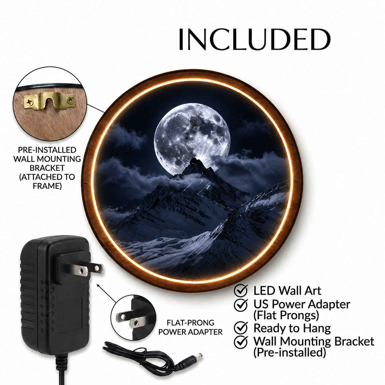Moon & Snow Mountain Night Sky Print -Circular LED Wall Decor Light - Remote Control