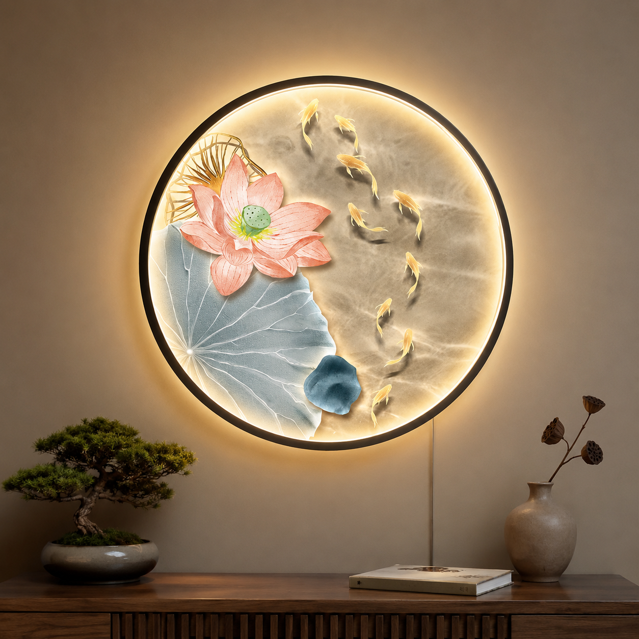 Round LED Wall Art – Lotus & Koi Fish Illuminated Canvas, New Chinese Style Backlit Wall Decor