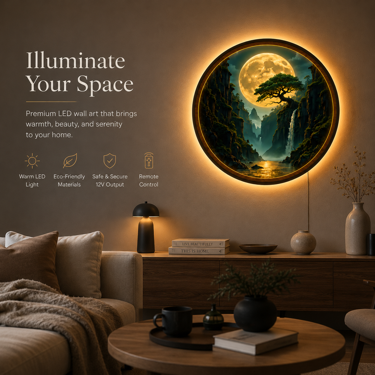 Moonlit Waterfall Canyon LED Wall Lamp | Fantasy Wood Art