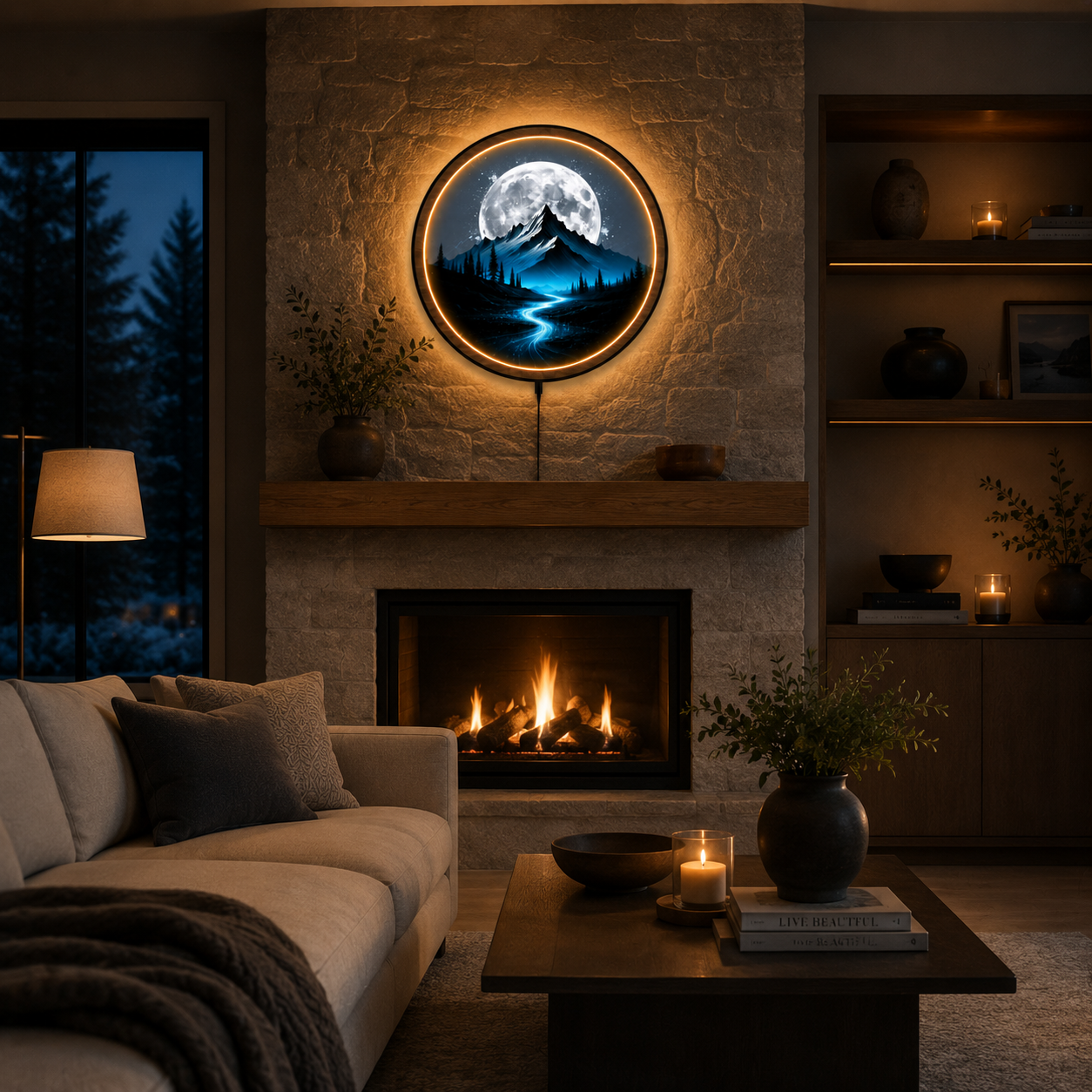 Blue Moon Mountain LED Wall Lamp | Glow River Wood Art