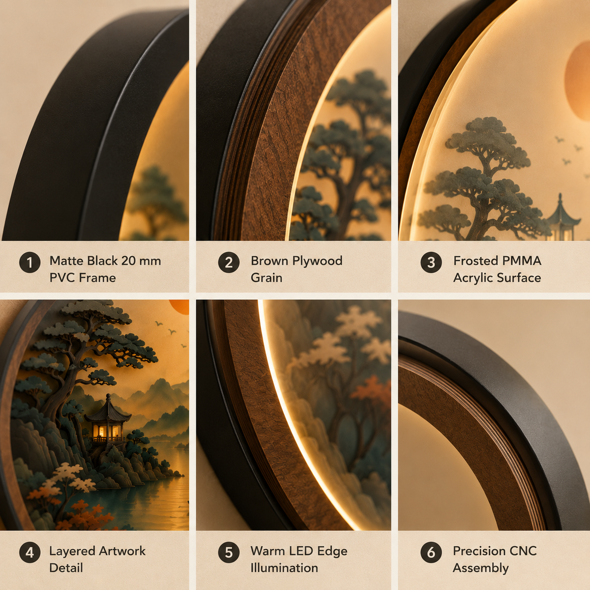 Eastern Serenity LED Wall Art | Tranquil Mountain & Lake Landscape Round Illuminated Wall Decor | Warm LED Ambient Light