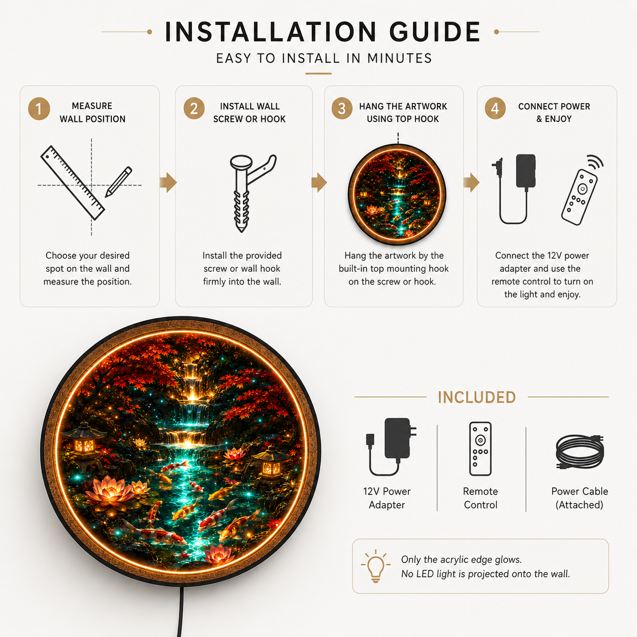 Japanese Koi Waterfall LED Wall Art – Illuminated Zen Nature Decor