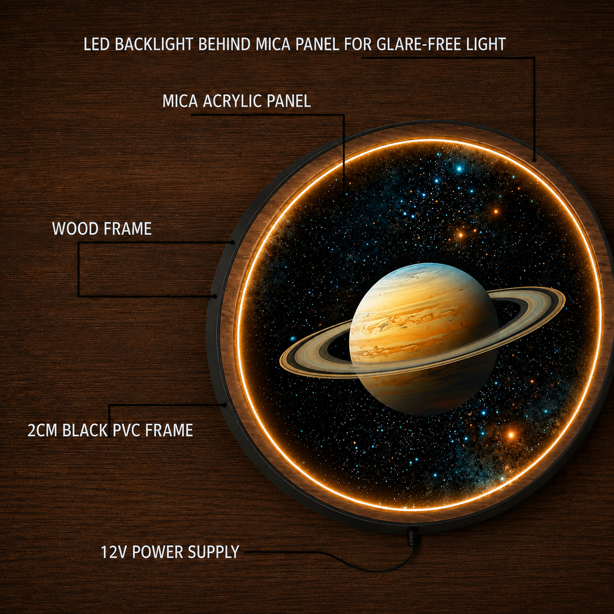 Saturn LED Wall Art Light – Circular Wooden Frame Space Decor Lamp
