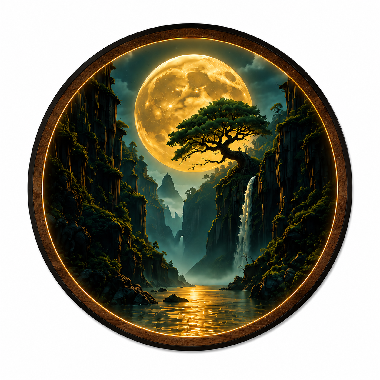 Moonlit Waterfall Canyon LED Wall Lamp | Fantasy Wood Art