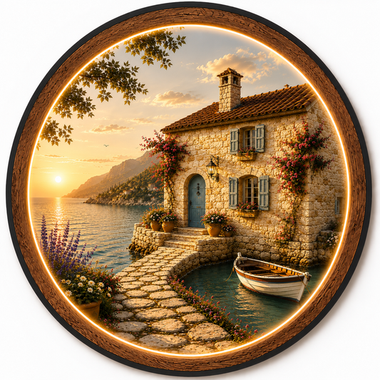 Mediterranean Coastal Cottage LED Wall Art – Sunset Seaside Decor