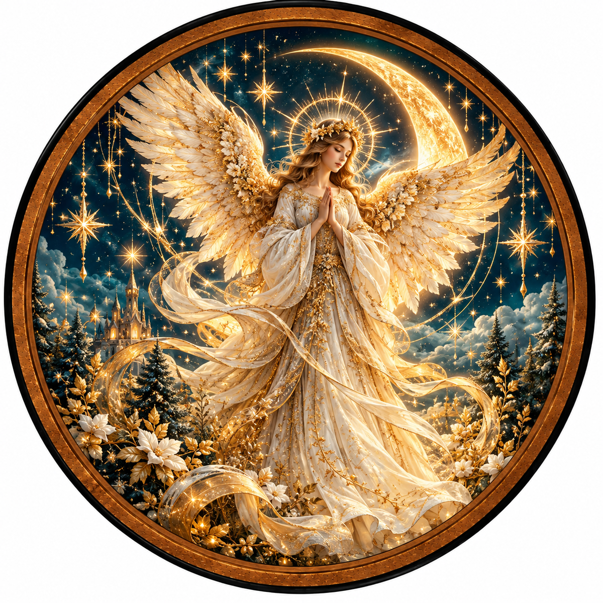 Celestial Guardian Angel – Handcrafted Round LED Wall Art