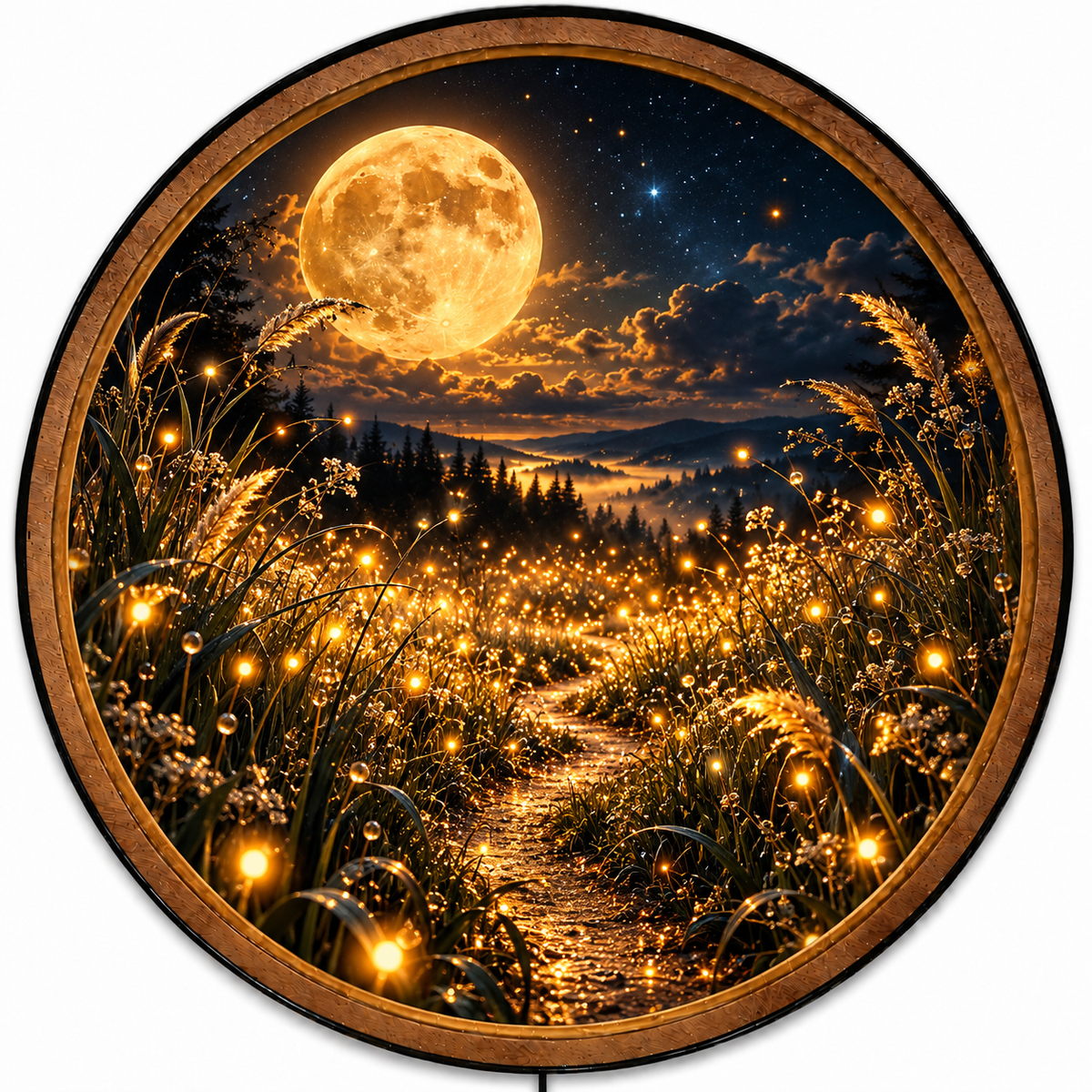 Handcrafted Golden Moonlight LED Wall Art – Enchanted Firefly Meadow & Full Moon